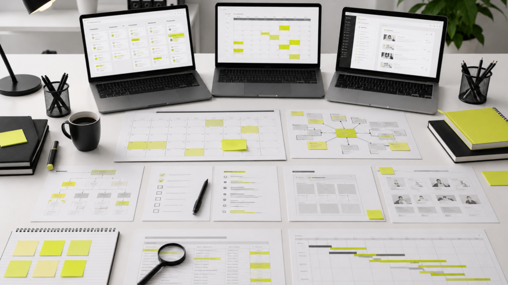 Content planning process showing editorial calendar, keyword research, content briefs, publishing schedules, and workflow management.