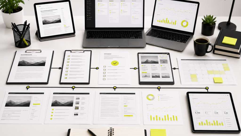 Content publishing workflow showing editorial review, SEO checks, publishing schedules, content approval, and performance tracking.