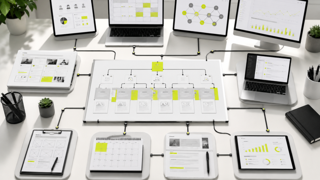 Content strategy framework visual showing audience research, planning, content creation, SEO optimization, publishing workflows, and performance measurement.