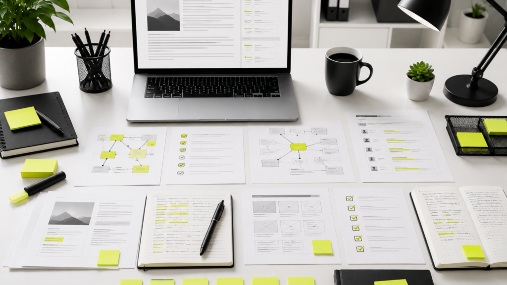 Content writing best practices workspace showing article drafting, editing checklist, SEO notes, readability review, and publishing preparation.